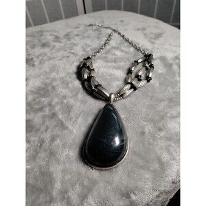 Large Black and Silver Pendant Beaded Necklace Costume Jewelry 11 in length Used